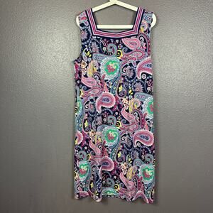 Talbots Paisley Dress Square Neck Size XL Blue Pink Jersey Dress